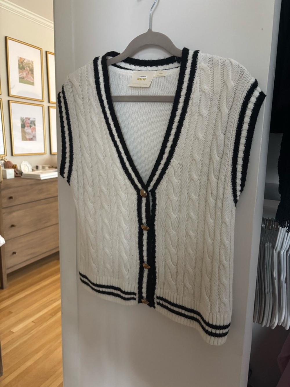 Anthropologie Ivory Cable Knit Sweater Vest with Black Trim